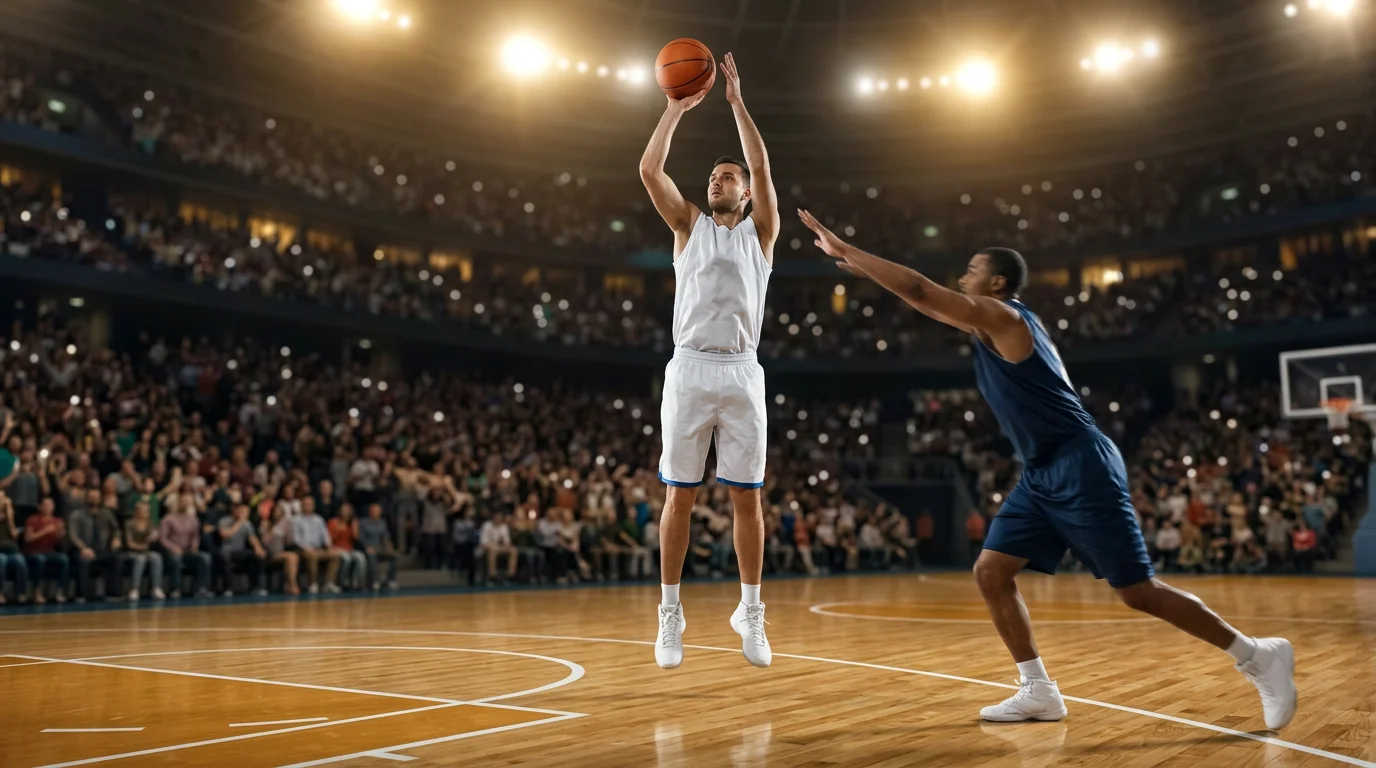 NBA guard releasing a jump shot over a defender on a hardwood court during a live game